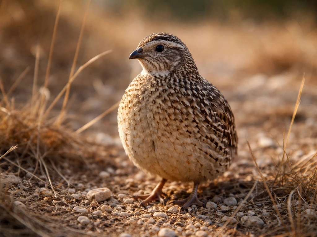A small quail on the ground among dry grass, illustrating a Marathi sentence about a ground-living bird.