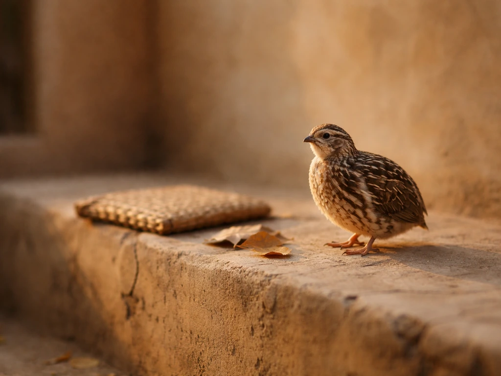 A realistic quail perched near an earthen courtyard, symbolically suggesting Indian cultural references.