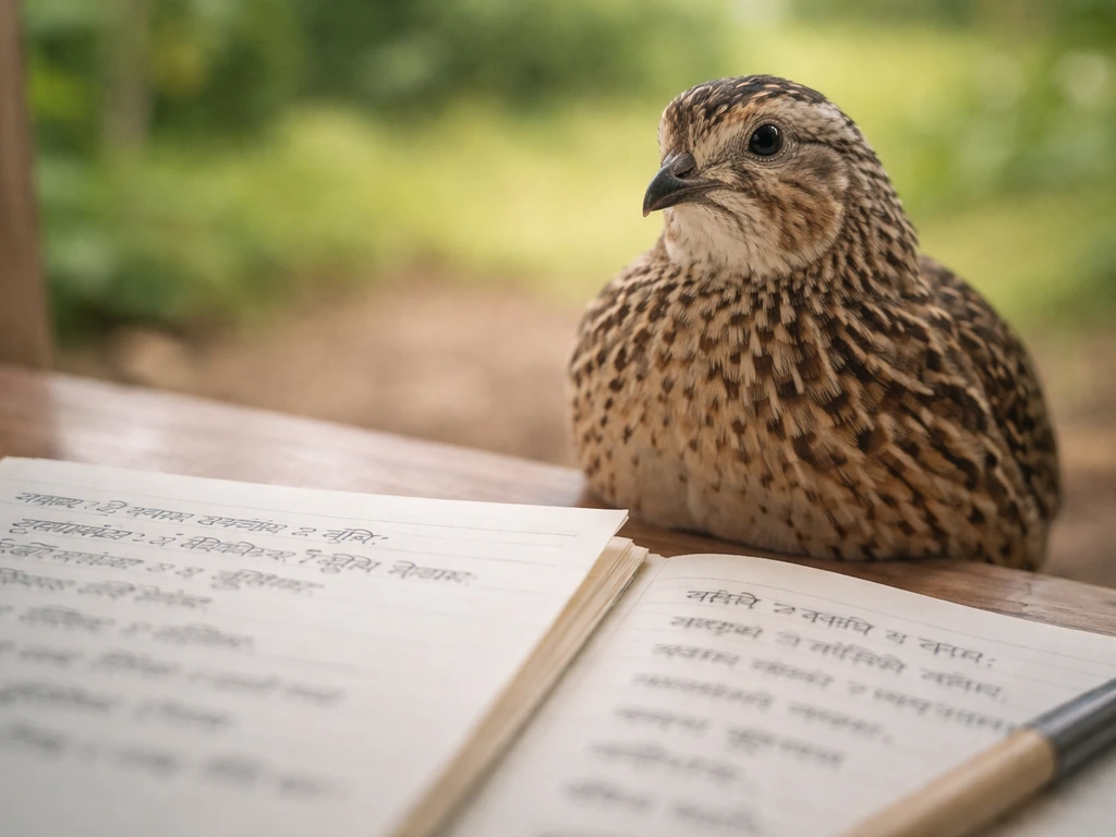Closeup of a quail beside handwritten Marathi/Hindi sentence notes in Devanagari script.