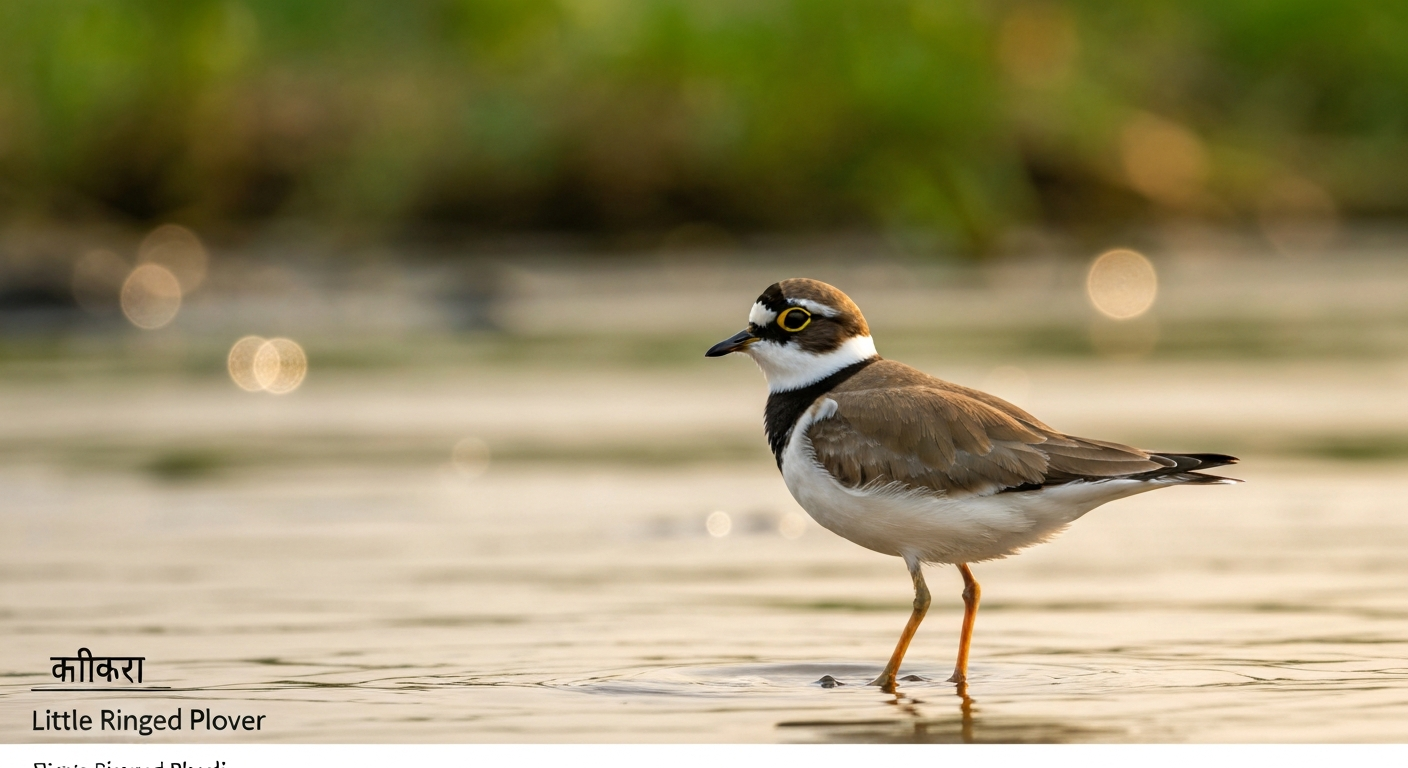 Little Ringed Plover (झिरिया) standing on a sunlit river sandbar with a bright yellow eye-ring; labels in Devanagari and English.