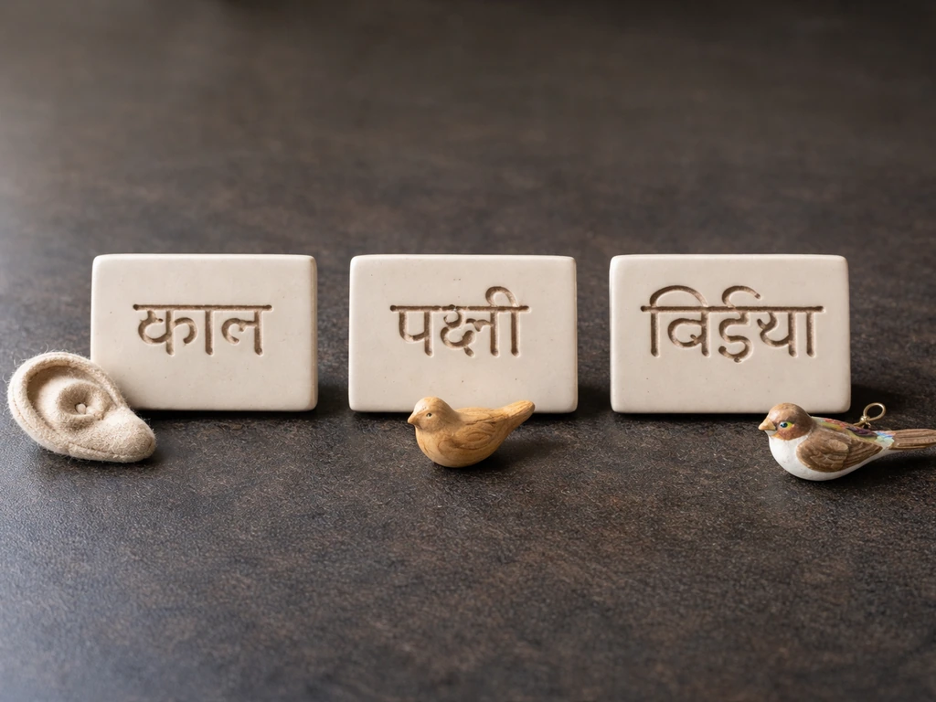 Three Hindi words on a simple dark tabletop with small pottery items symbolizing ear and bird