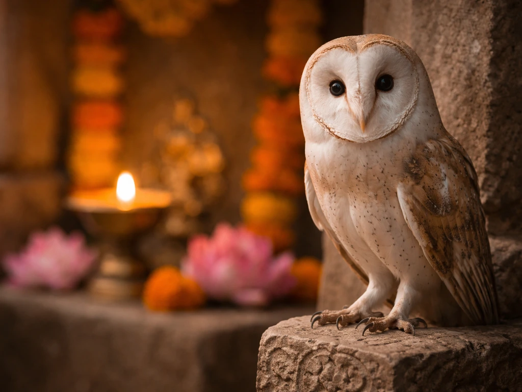 A small owl perched on a carved temple pillar in warm Indian light, with subtle goddess-lotus symbolism nearby.