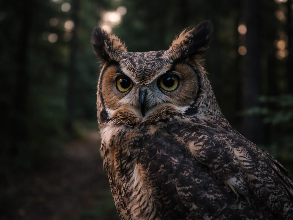 Close-up of an owl showing two ear tufts, upright head posture, and facial disk for identification traits.