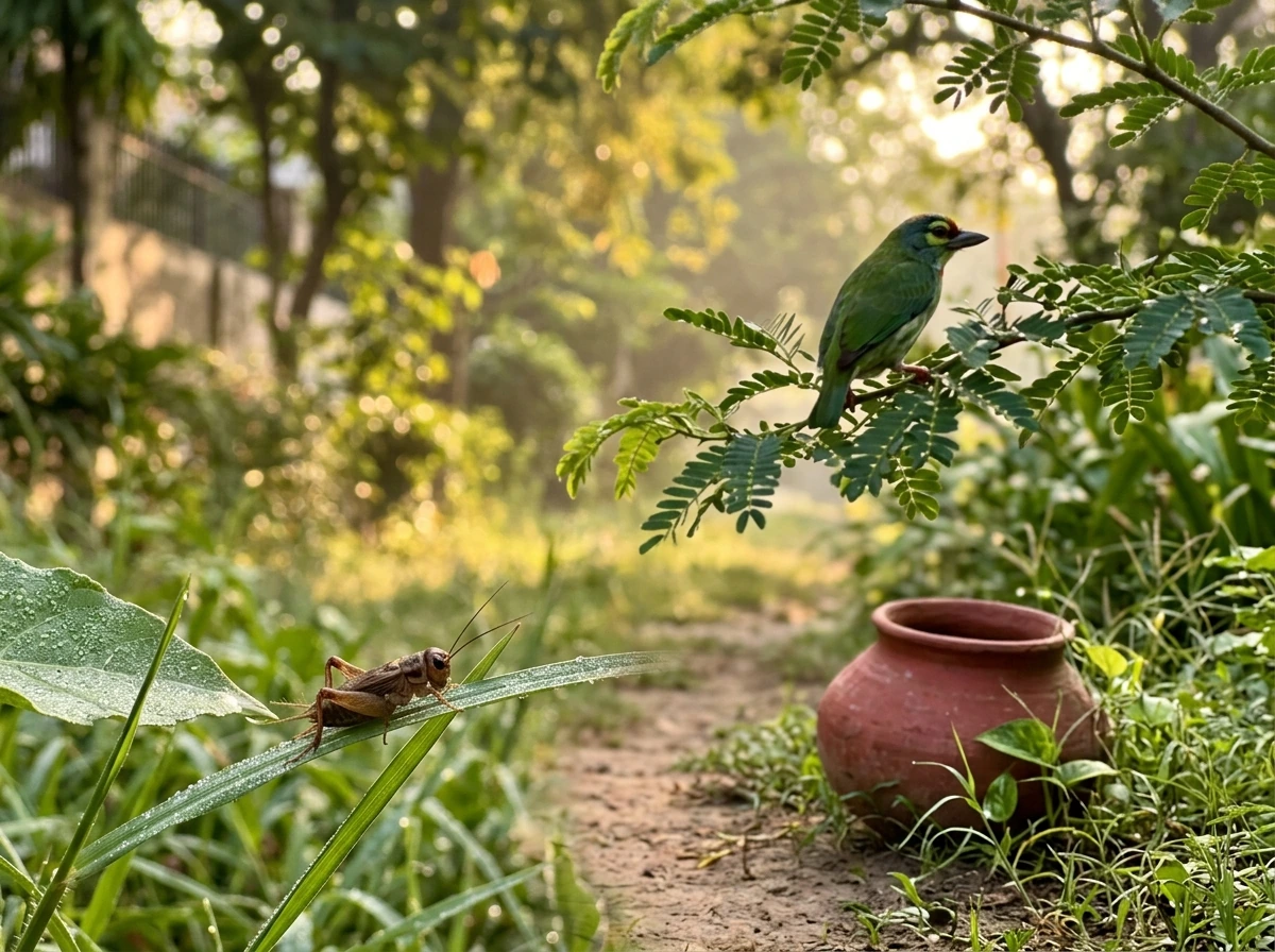 Indian garden scene with a coppersmith-like bird call vibe and nearby cricket-insect cues