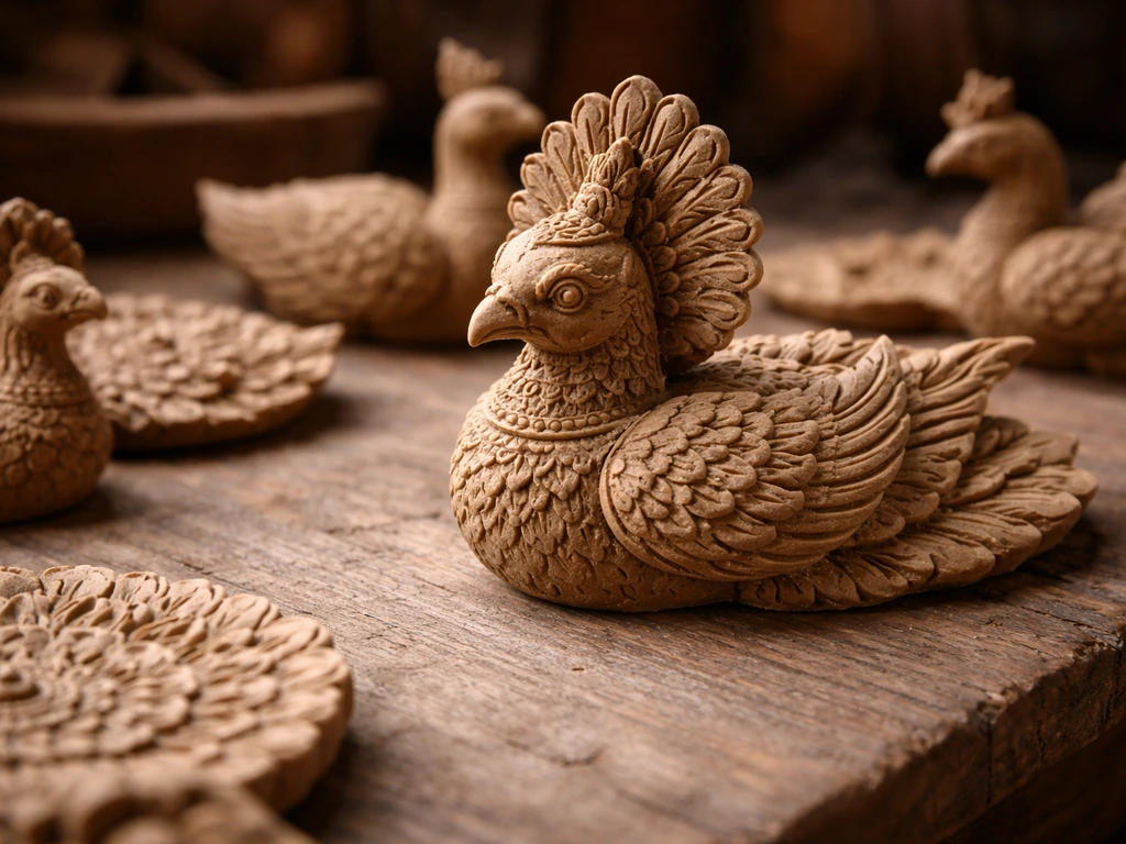 Close-up of a fantasy mythical bird figurine with blurred carved bird motifs on a wooden surface.