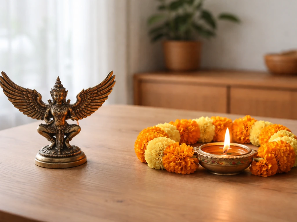 Minimal table scene with a winged mythological ornament beside cultural items, contrasting Garuda’s uses.