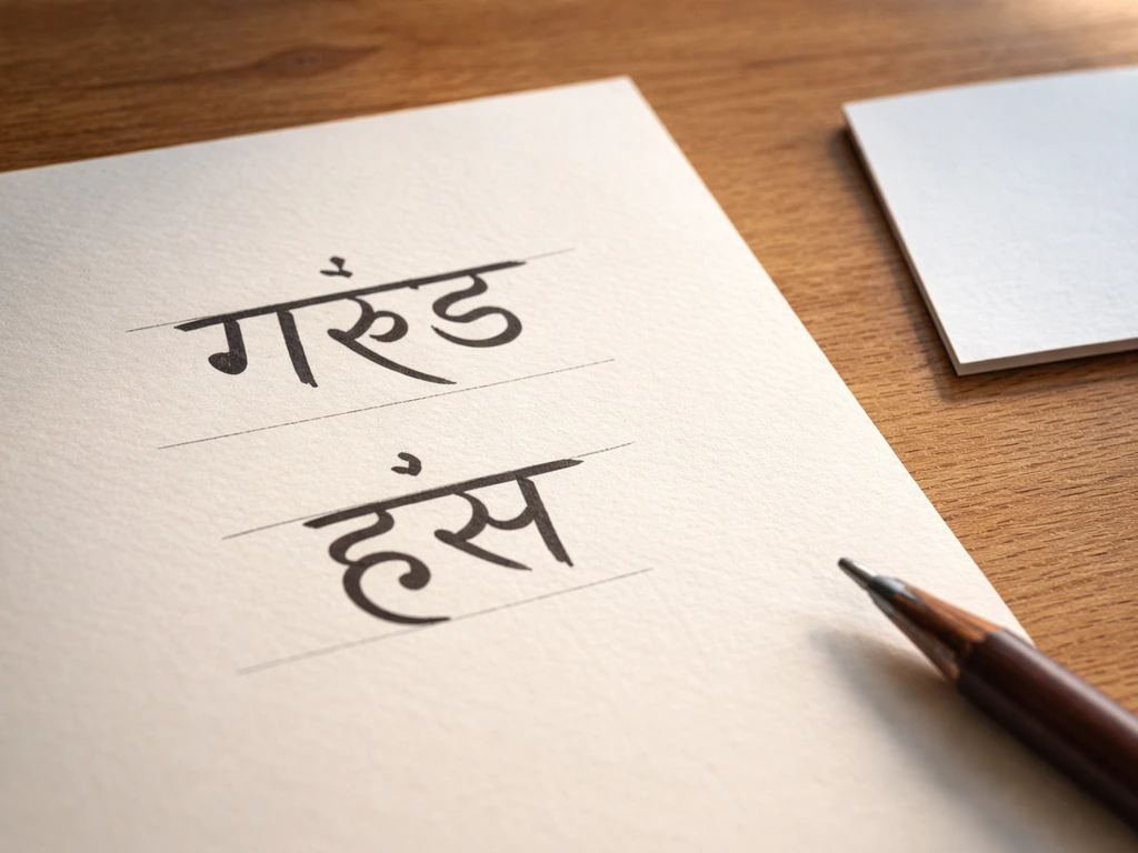Close-up of handwritten Devanagari practice showing “गरुड़” and “हंस” on a wooden desk.