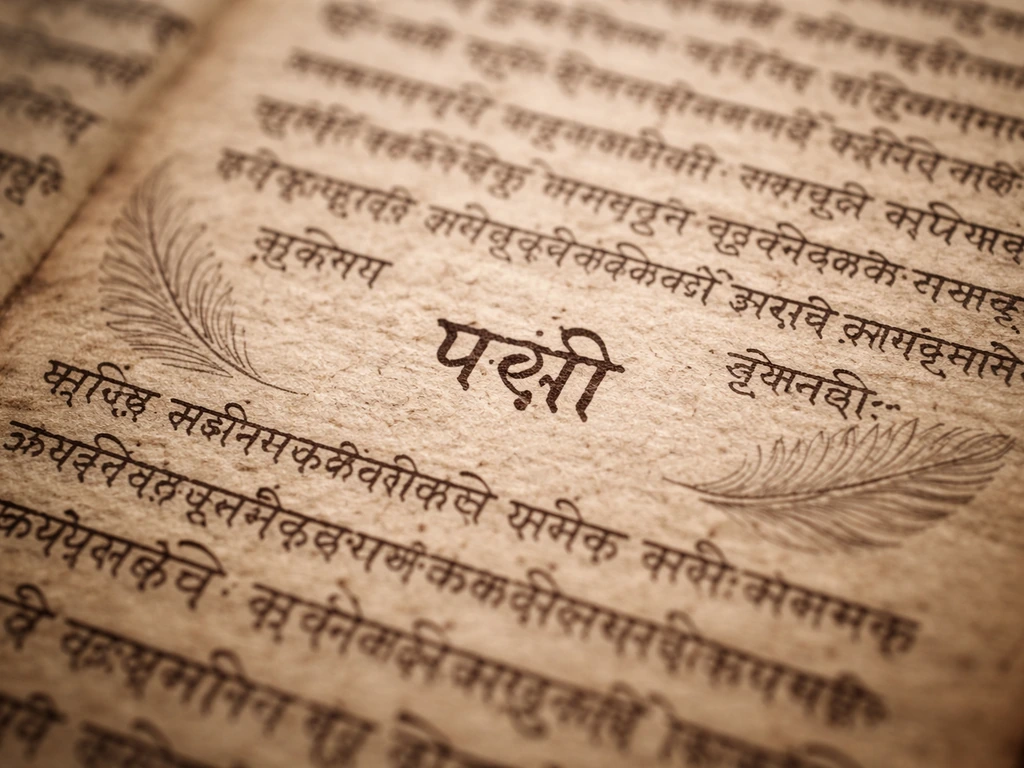 Close-up of an antique manuscript page showing the Sanskrit word पक्षी (pakṣī) with faint feather accents.
