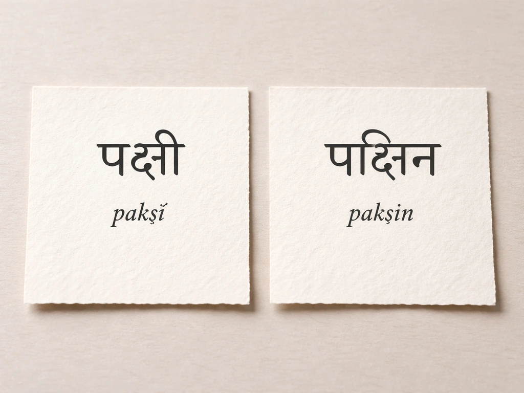 Two adjacent paper cards showing Devanāgarī for पक्षी/pakṣī and पक्षिन्/pakṣin for comparison.
