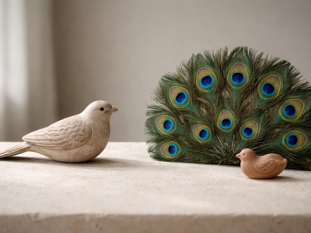 Peacock feather fan beside a simple generic bird figurine on a clean stone surface.