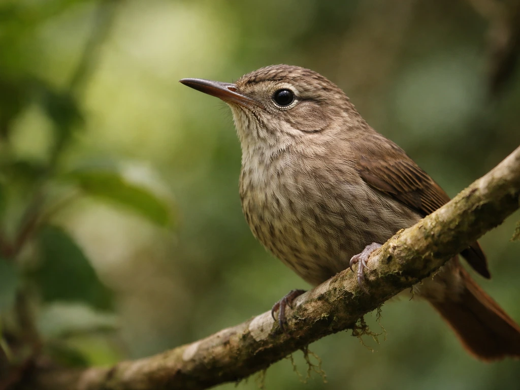 Close-up of a slender-billed Xenops-style bird perched on a branch in soft forest light
