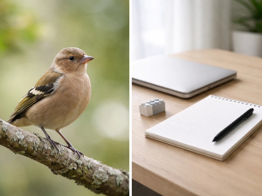 A close-up of a small bird illustration beside empty, unrelated placeholder props on a simple desk