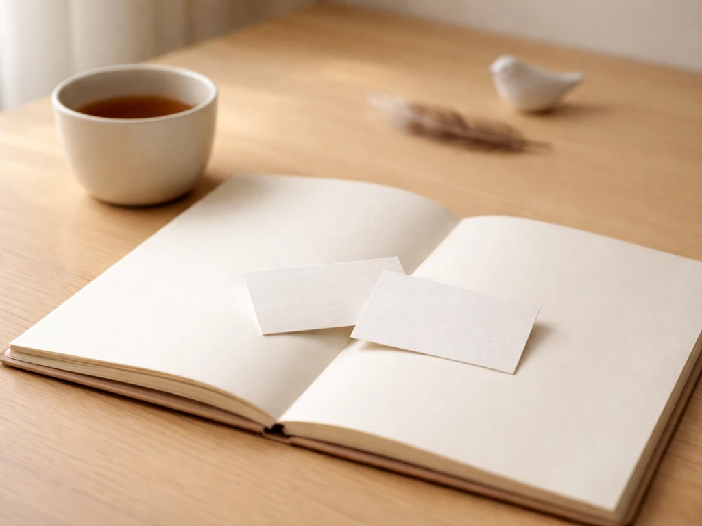 Minimal desk scene with an open notebook and blank folded cards, suggesting a Devanagari language learning prompt.