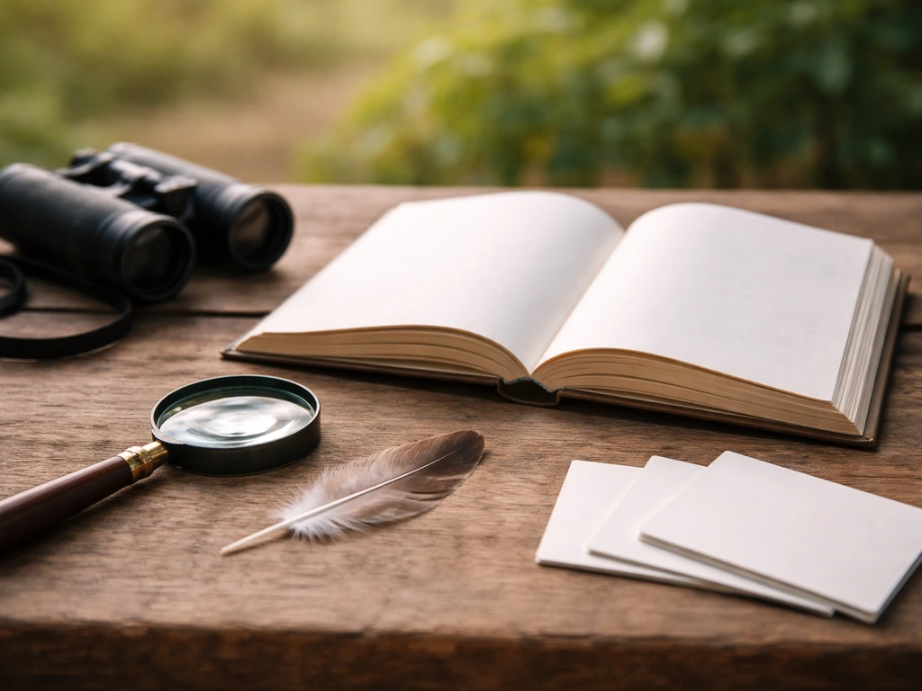 Minimal bird-ID setup with binoculars, magnifying glass, open guide pages, and a feather on a table.