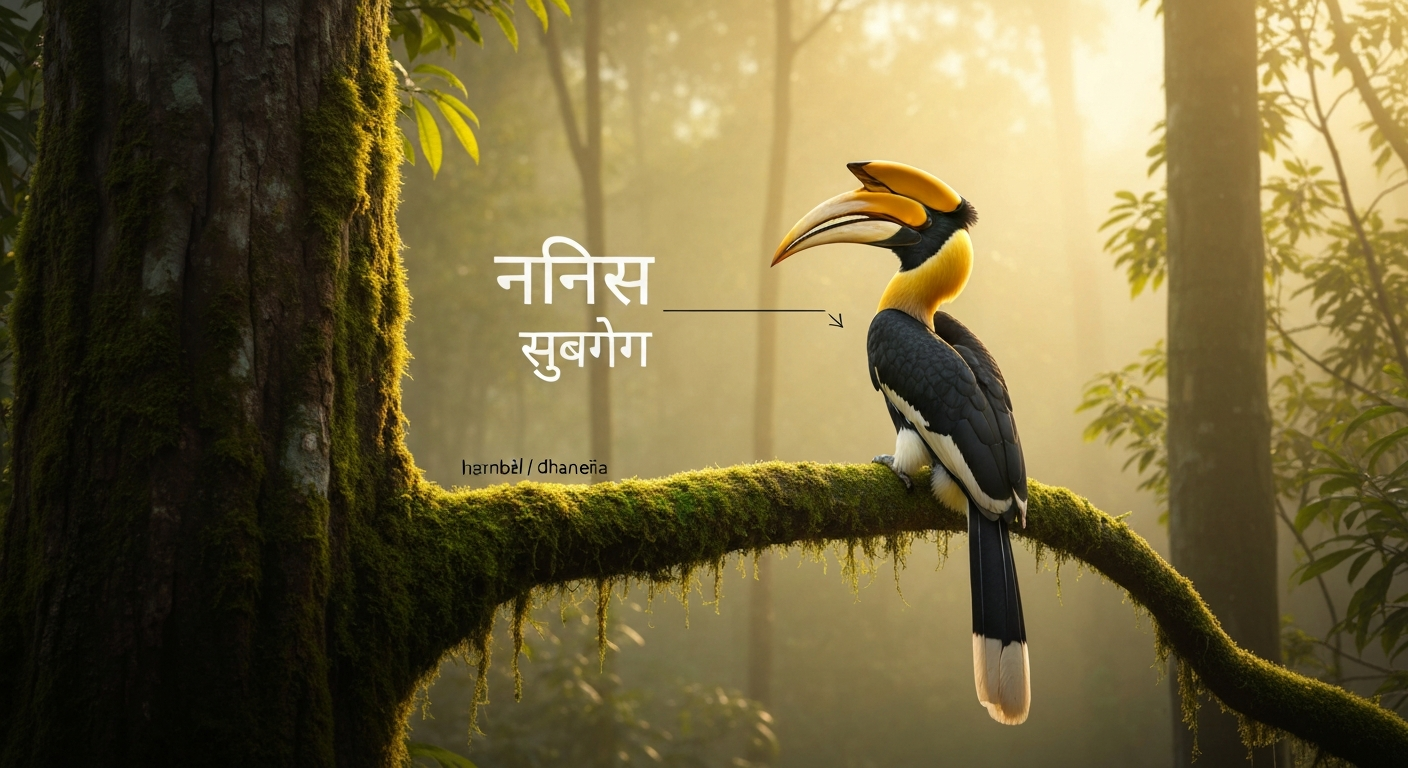 Realistic illustration of a Great Hornbill perched on a forest branch with Devanagari labels 'हॉर्नबिल' and 'धनेश' and roman transliterations.