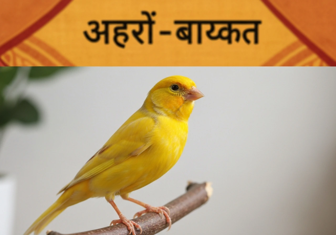 A bright yellow canary perched on a branch with a soft Hindi–Marathi themed banner overlay in warm colors