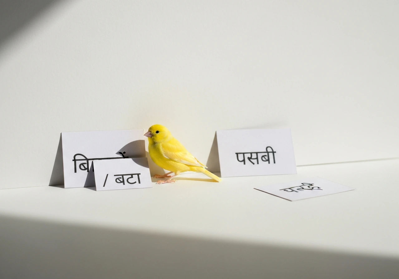 Yellow canary and clean Marathi vocabulary items on a plain background