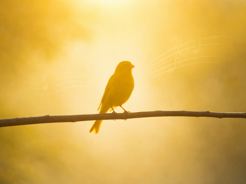 Bright yellow canary silhouette against warm yellow background, evoking joy and song with subtle musical cues