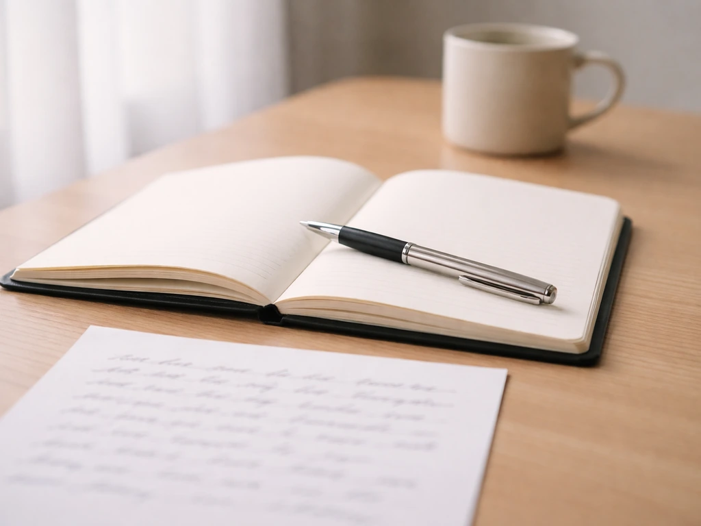 Minimal desk scene with a single sheet of handwriting, pen, and notebook open, no readable text.