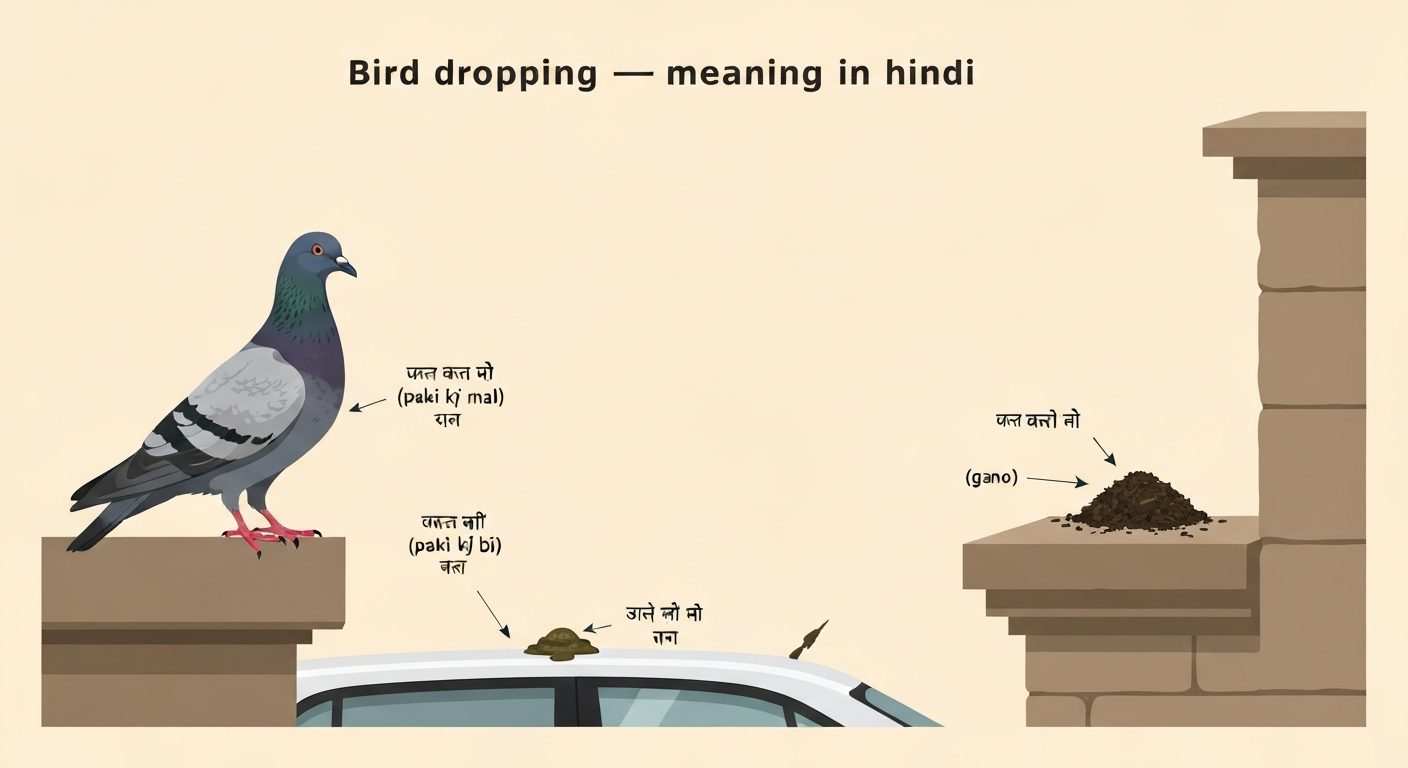 Illustration of a pigeon on a ledge with bird droppings on a car roof and stone ledge, labeled in Hindi: 'पक्षी का मल', 'पक्षी की बीट', 'गुआनो' with romanization.