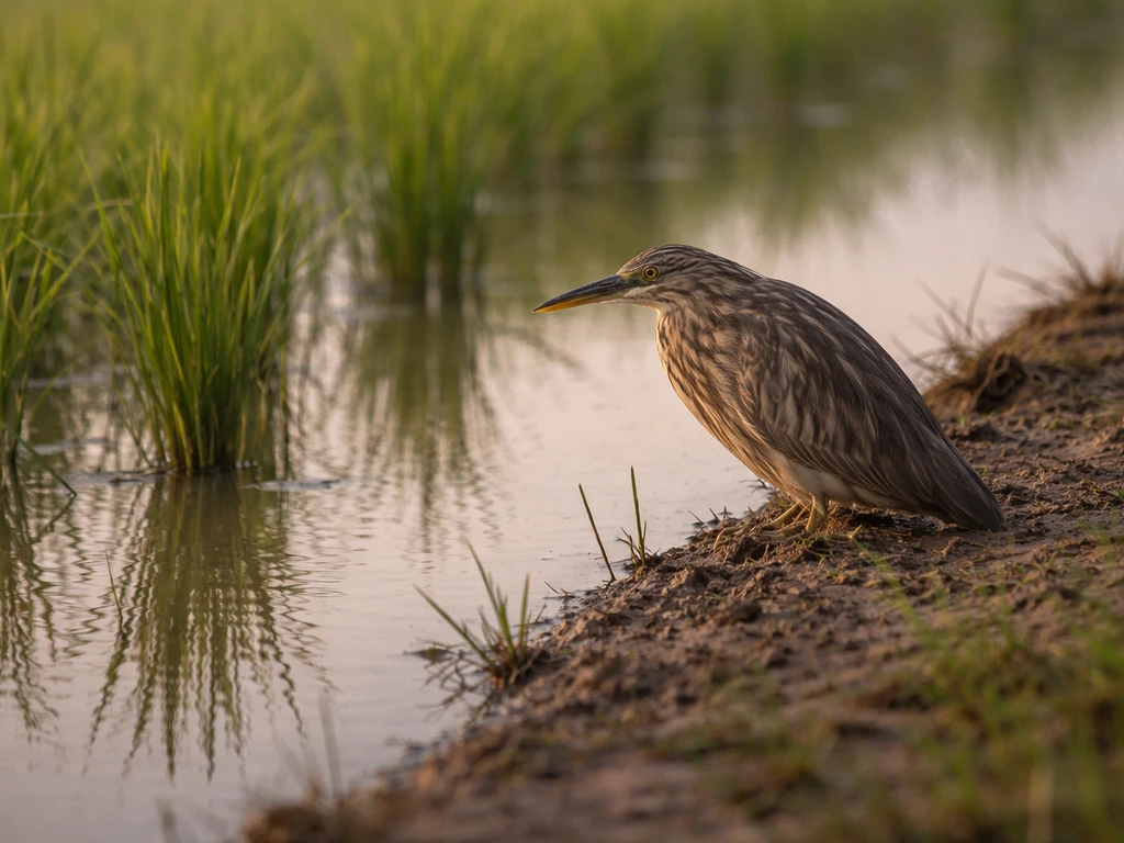 Camouflaged heron-like bird standing motionless at the edge of a shallow rice field pond