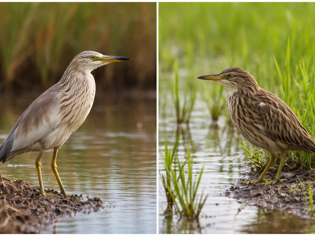 Side-by-side photos of two different wetland birds near shallow water and reeds, clearly distinguished by color and shap