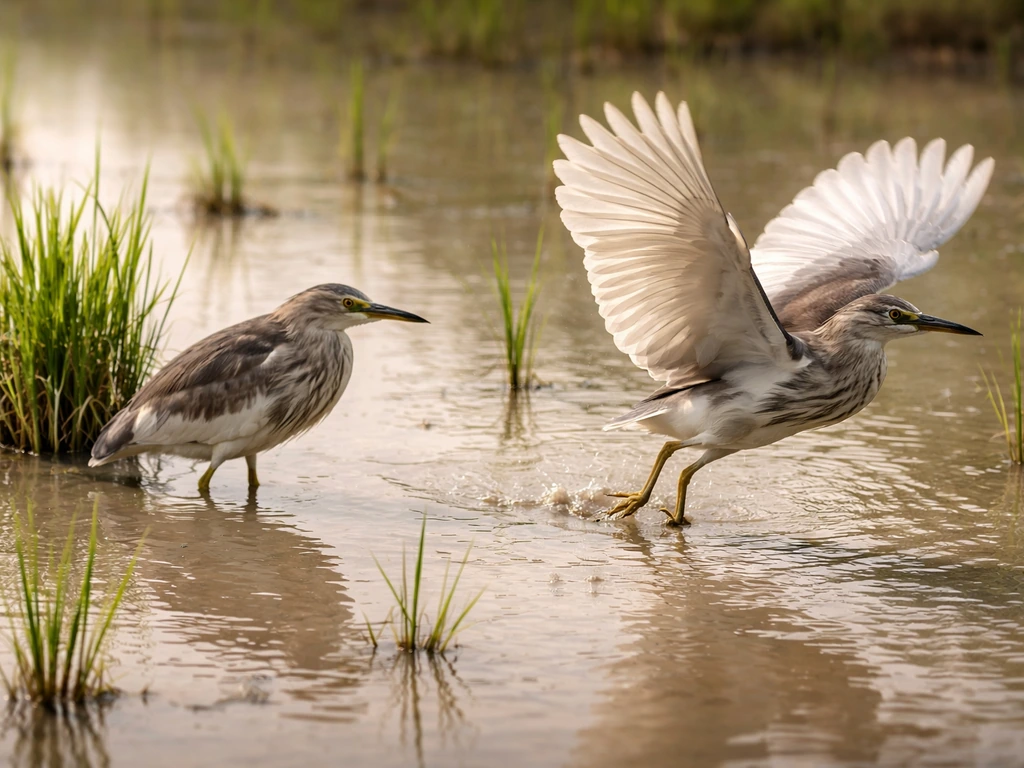 Gray heron-like bird standing in a shallow flooded rice paddy with a clear takeoff moment