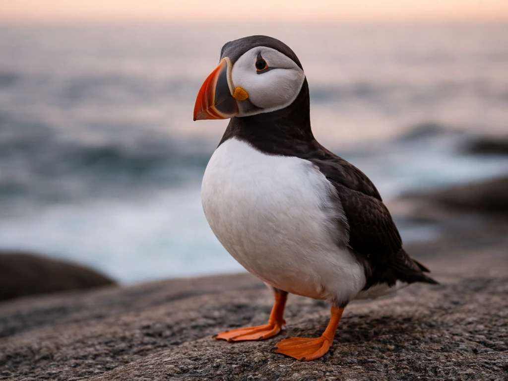 A puffin bird with colorful beak perched on rocks by the ocean at dusk.