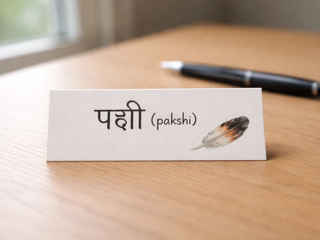 Minimal desk scene with a handwritten Hindi transliteration card and a small puffin feather illustration.