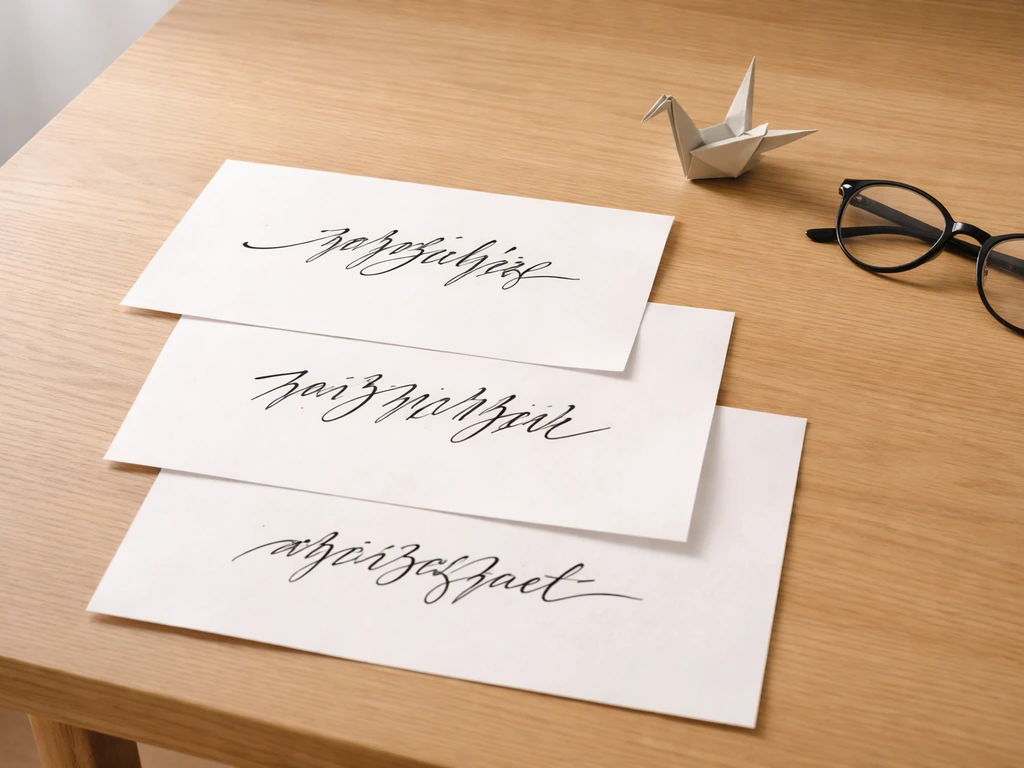 Minimal tabletop scene with handwritten scripts on three papers suggesting alternate spellings, with a small bird figure