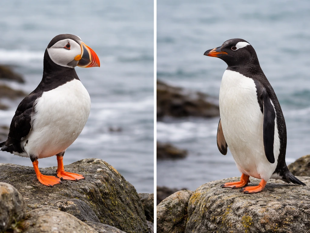 Side-by-side puffin and penguin on rocks showing distinct beaks and stances.