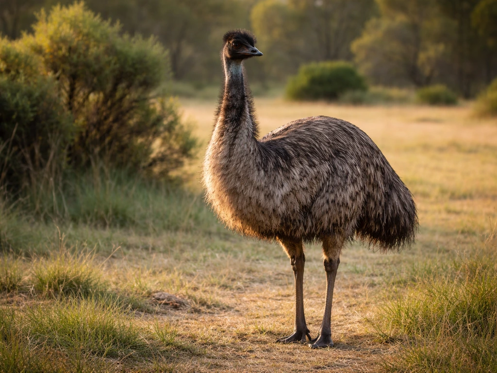 An emu standing in a grassy outdoor field, natural light and soft background.