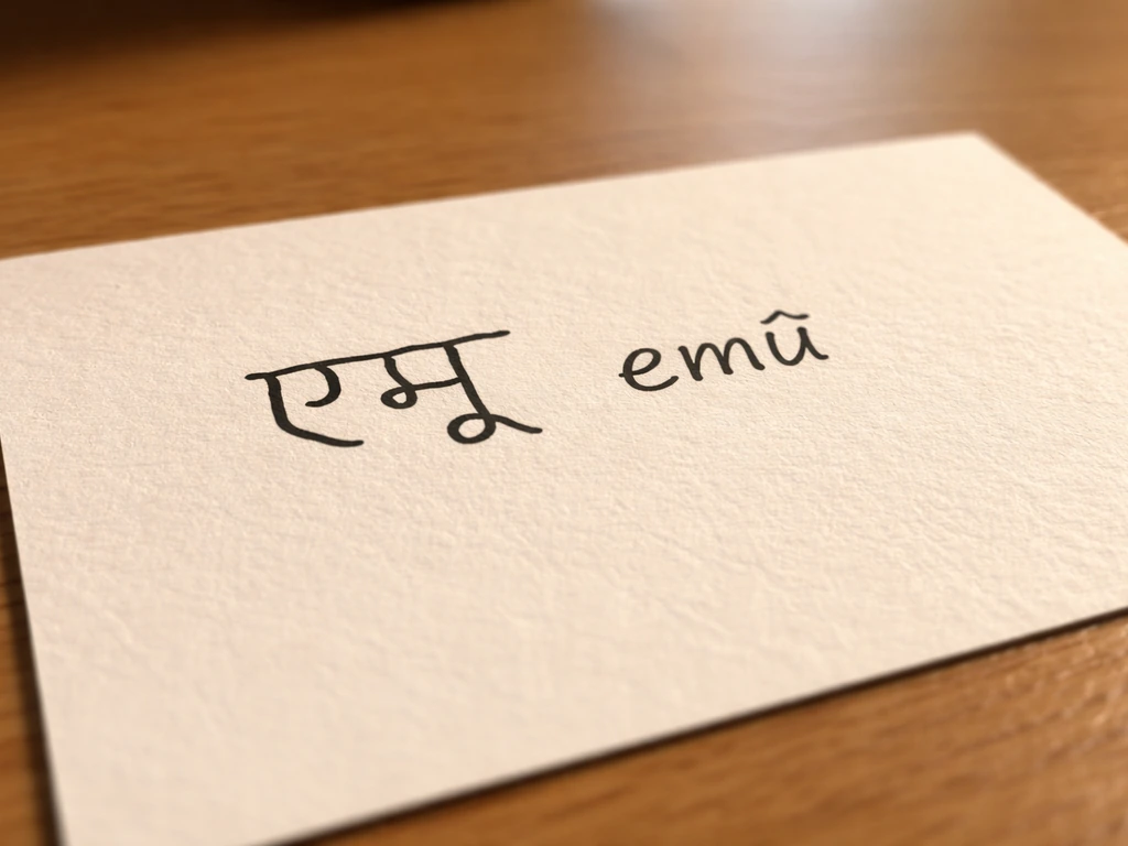 Close-up of handwritten Hindi “एमू” with Romanization “emū” on plain paper beside it.