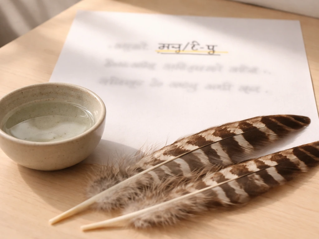 Minimal desk scene with emu feathers and a sheet showing two blurred Hindi examples where “एमू/ई-मू” stands out.