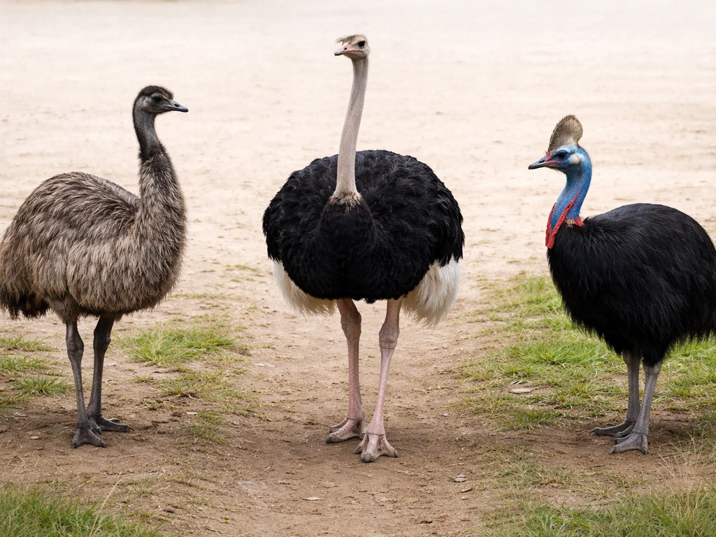 Three distinct flightless birds—emu, ostrich, and cassowary—standing separately on a simple outdoor backdrop.