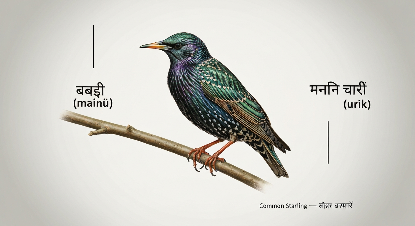 Illustration of a Common Starling perched on a branch with Devanagari labels 'मैना (mainā)' and 'शारिका (śārikā)'