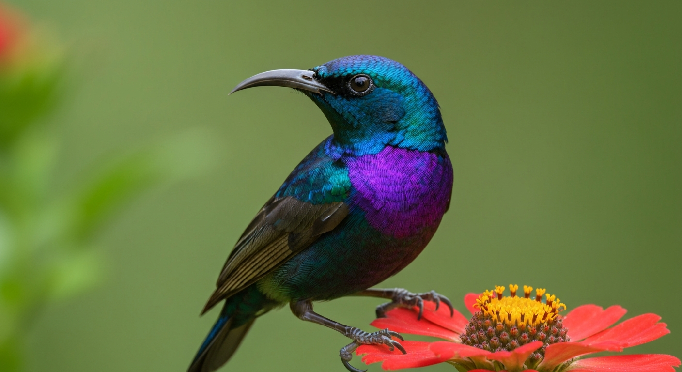 Male Purple Sunbird perched on a flower showing iridescent purple-black breeding plumage.
