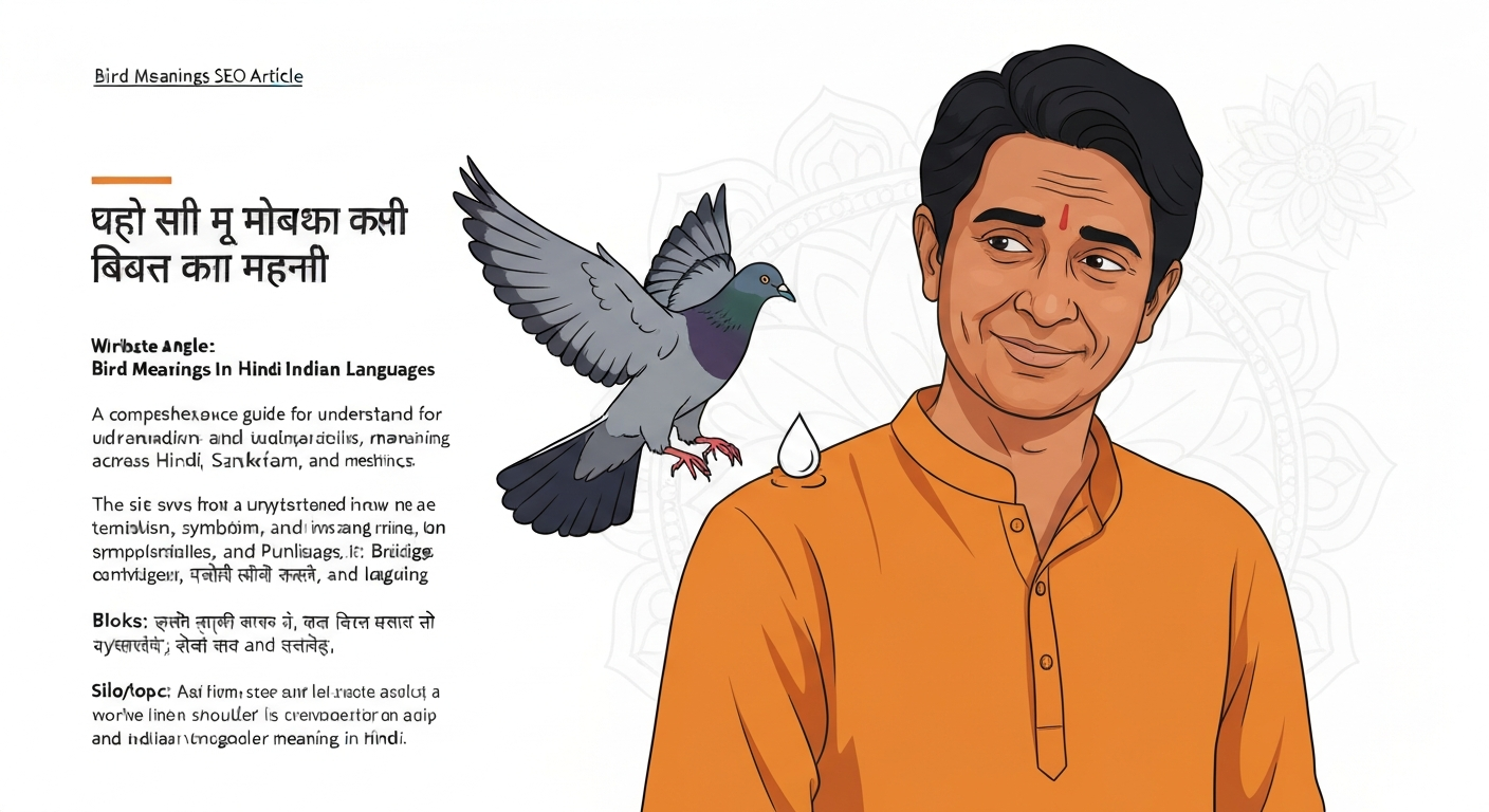 Illustration of a South Asian person with a pigeon above their right shoulder and a small white droplet on the shoulder; Devanagari caption 'दाहिने कंधे पर पक्षी का मल'.