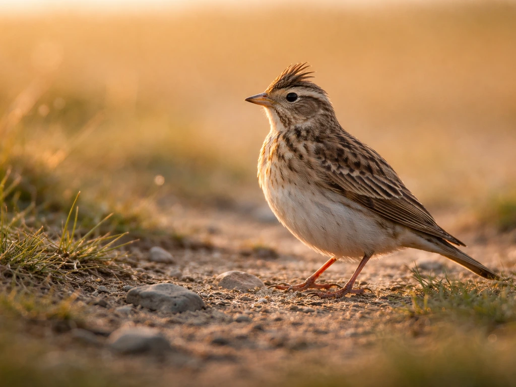 Eurasian skylark perched on open ground at dawn, soft golden light suggesting early morning singing