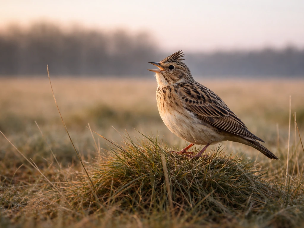 A small lark perched in grass, streaked feathers visible, singing posture in open countryside.