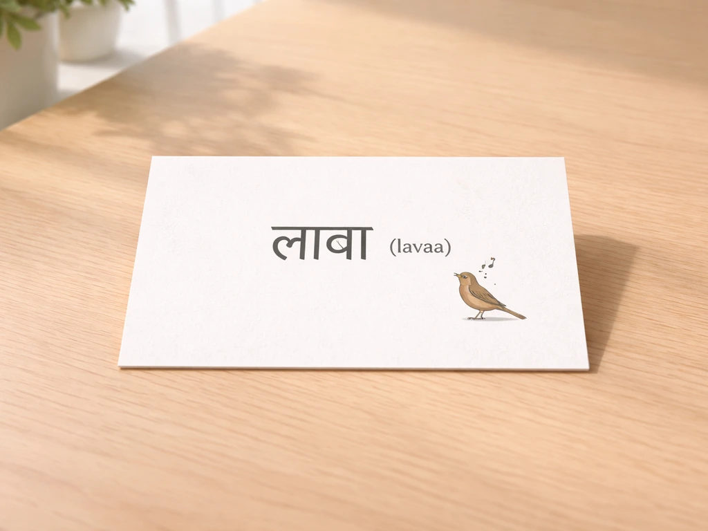 Minimal card with Marathi text “लावा (lavaa)” and pronunciation, plus a small lark icon.