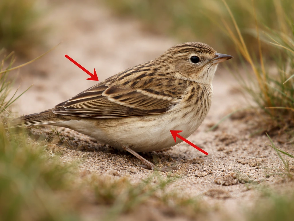 Close-up of a streaked brown-and-buff lark in the grass, showing lighter underparts and wing back streaking.