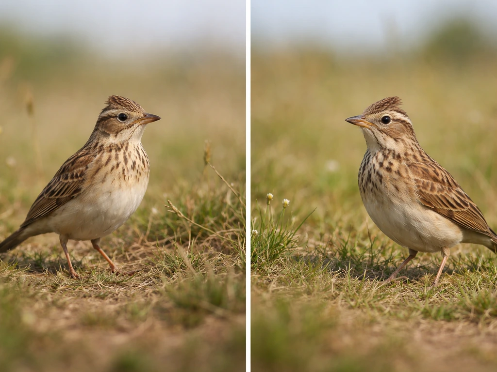 Split image of two small lark-like birds in grassland, illustrating lark vs skylark confusion.