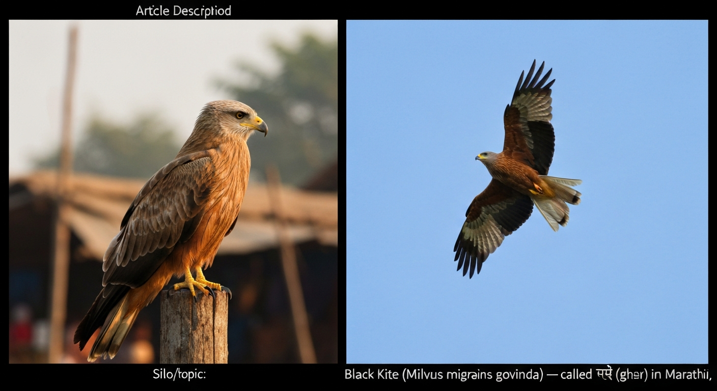 Two-panel image: Black Kite perched on a wooden post (left) and the same bird soaring with forked tail visible (right) — called ghār in Marathi