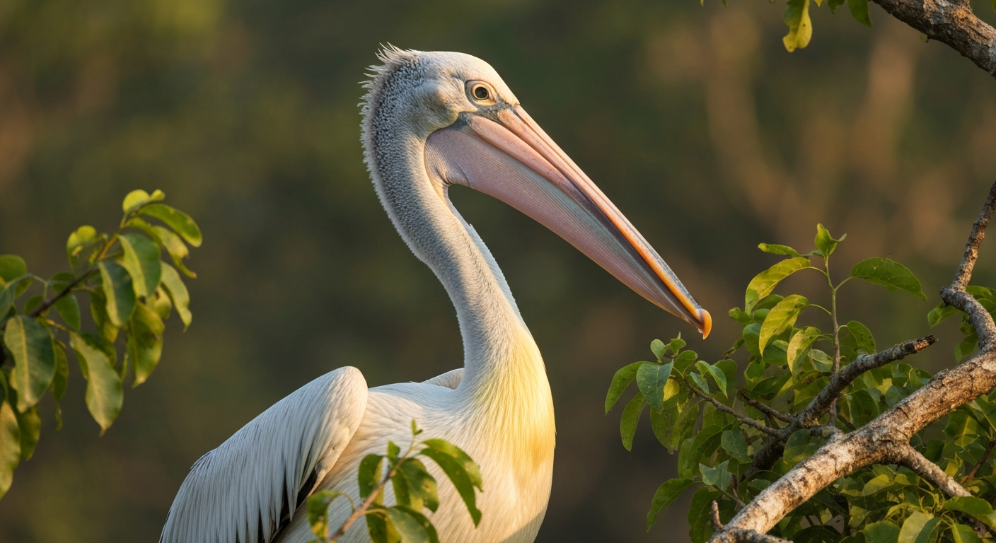 Spot-billed Pelican perched on a tree branch showing the distinctive spotted upper mandible at Nelapattu Bird Sanctuary.