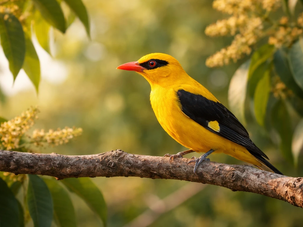 Vivid Indian golden oriole perched on a mango tree branch with warm spring-like colors.