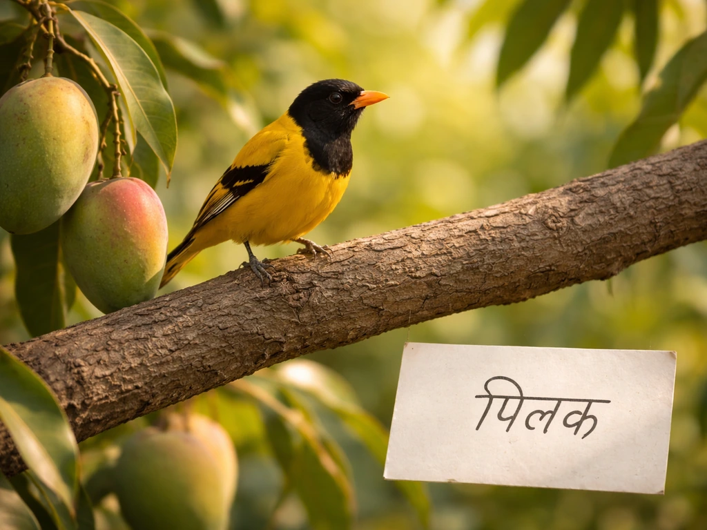 An oriole perched on a mango branch in warm sunlight with a small handwritten Hindi word hinting ‘Pilak’.