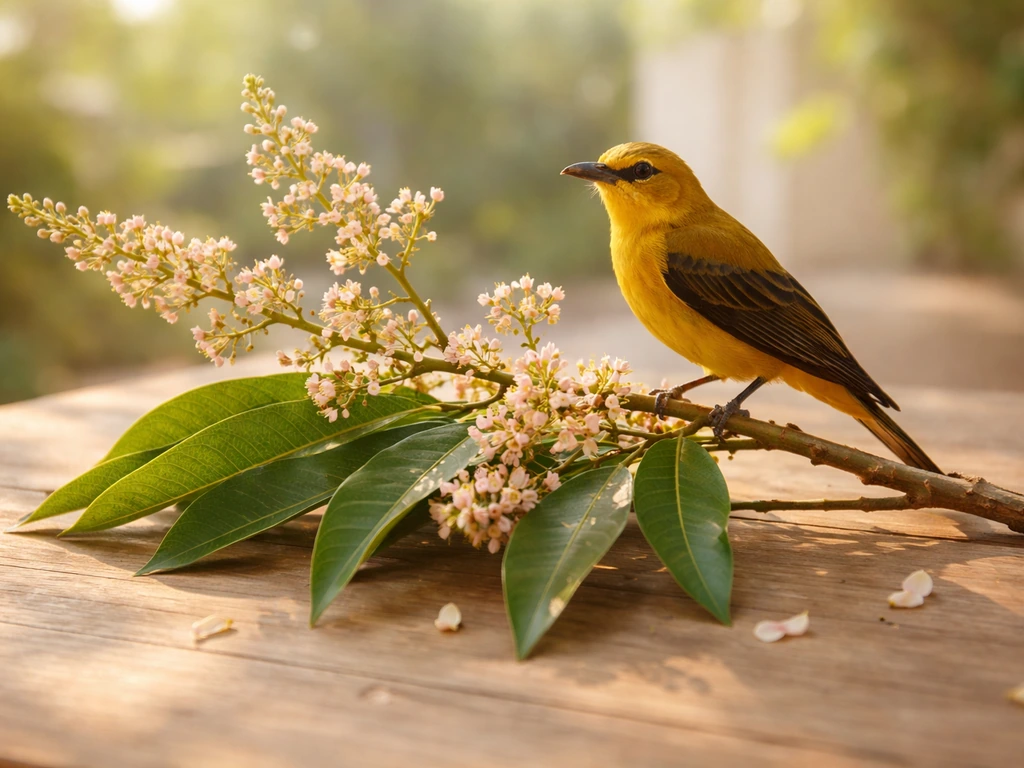 Golden-yellow oriole perched near mango blossoms, evoking spring and mango season in India.