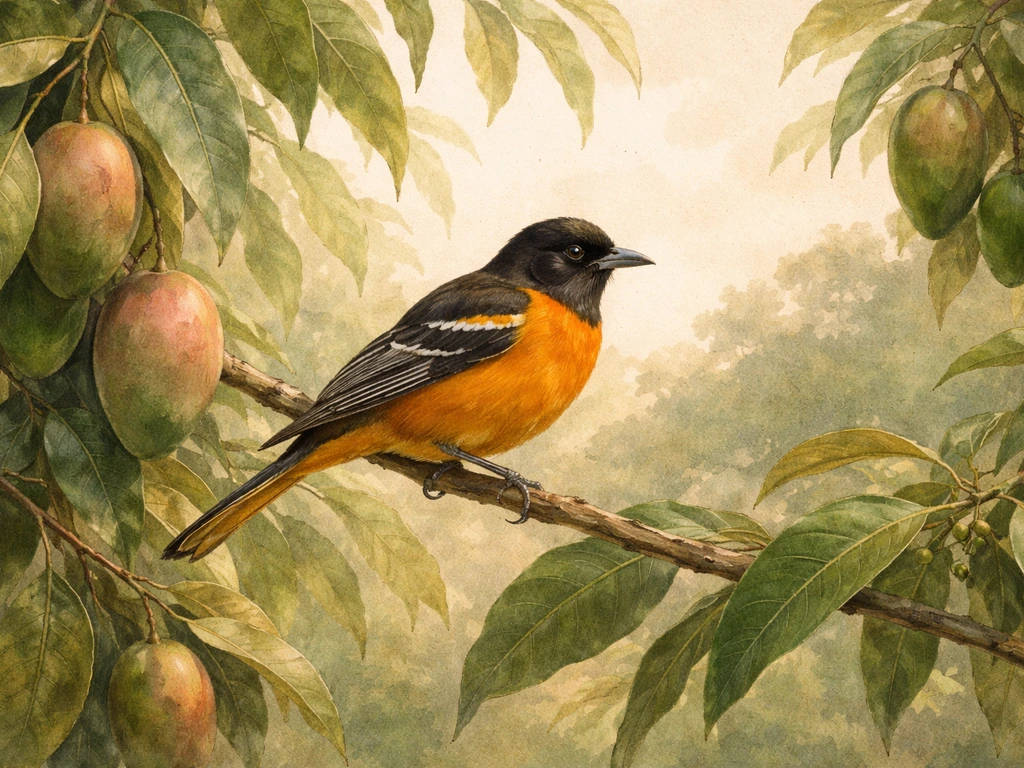 Oriole perched in a mango grove backdrop in an illustrated manuscript/poetry-themed vignette.
