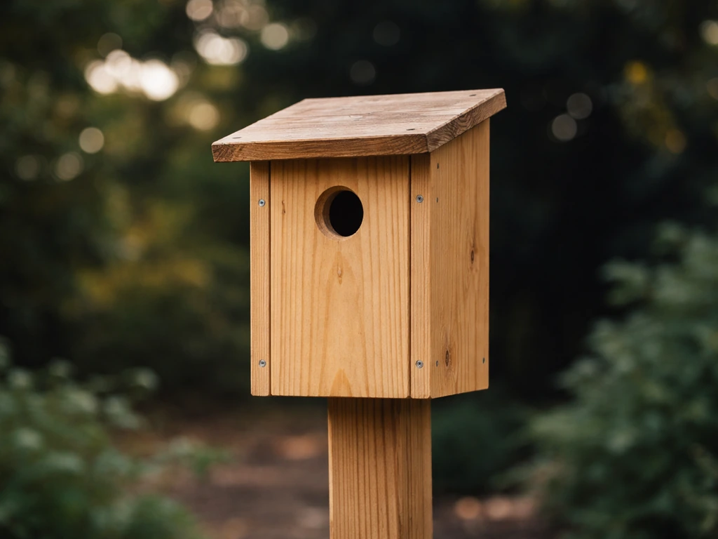 लकड़ी का पक्षी nest box और पास में फिल्म-थीम डार्क ब्लर बैकग्राउंड—bird box explained in hindi के लिए
